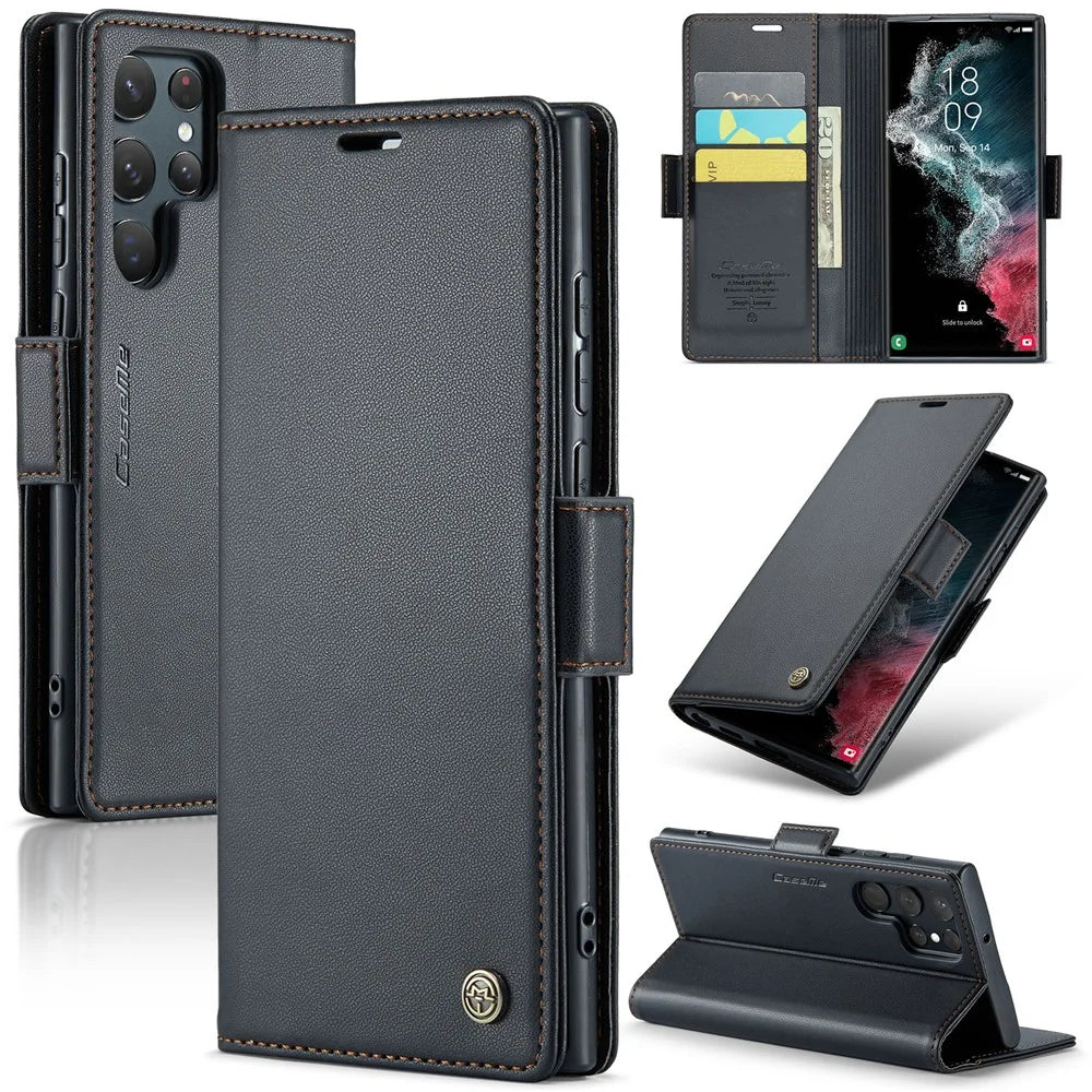 For Samsung Galaxy S22 Ultra 5G Leather Case CASEME 023 RFID Blocking 3 Card Slot Mobile Cover - Black - 1