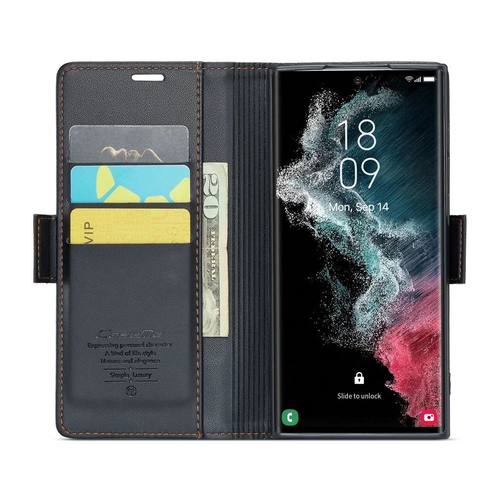 For Samsung Galaxy S22 Ultra 5G Leather Case CASEME 023 RFID Blocking 3 Card Slot Mobile Cover - Black - 2