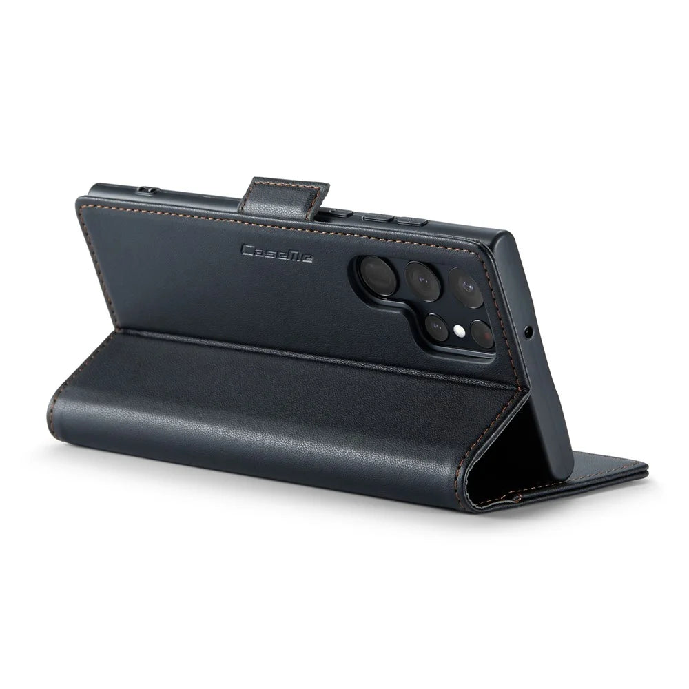 For Samsung Galaxy S22 Ultra 5G Leather Case CASEME 023 RFID Blocking 3 Card Slot Mobile Cover - Black - 4