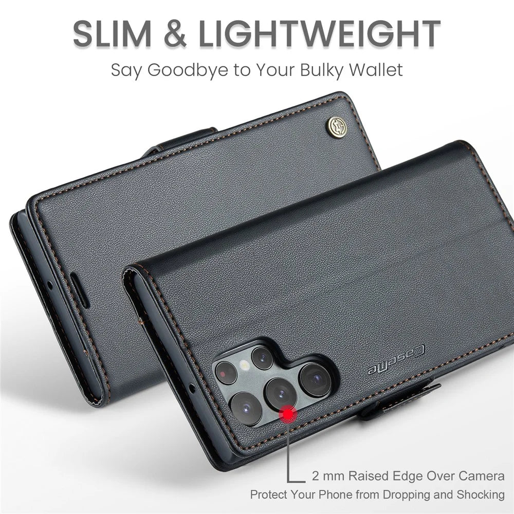 For Samsung Galaxy S22 Ultra 5G Leather Case CASEME 023 RFID Blocking 3 Card Slot Mobile Cover - Black - 5