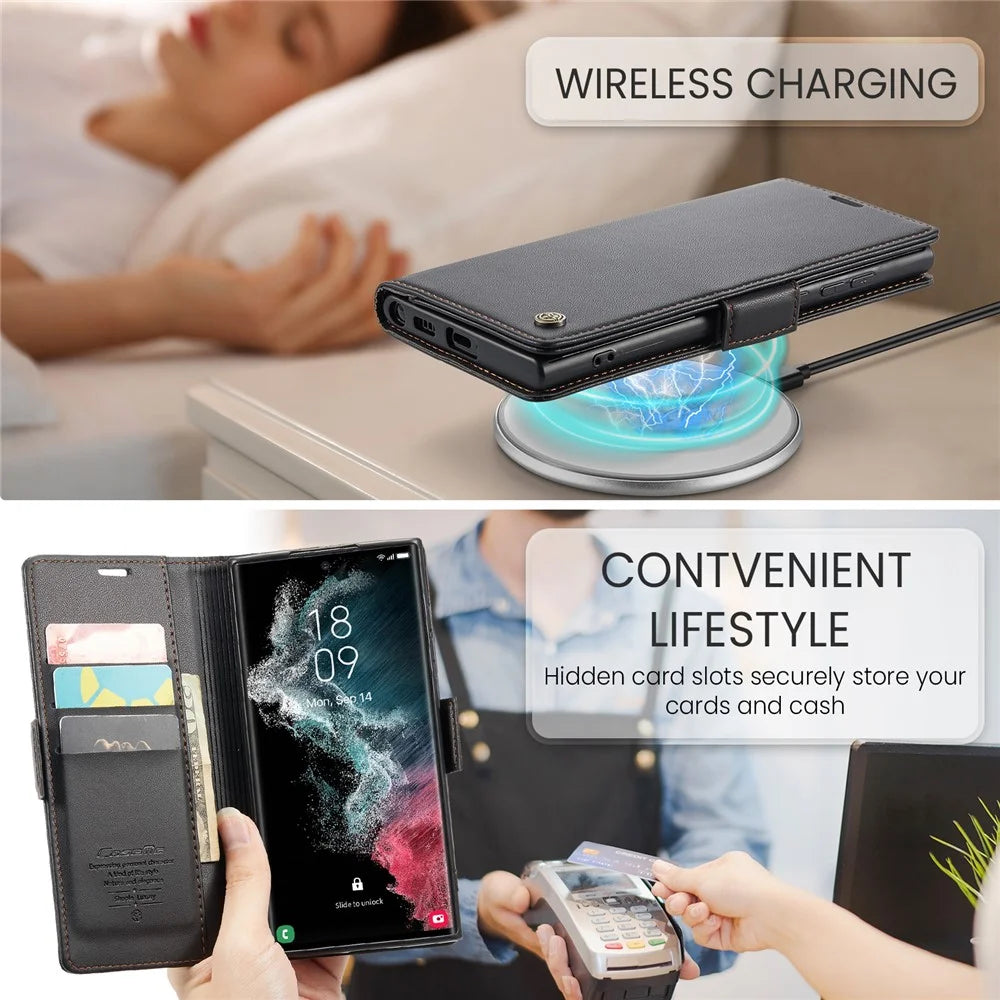 For Samsung Galaxy S22 Ultra 5G Leather Case CASEME 023 RFID Blocking 3 Card Slot Mobile Cover - Black - 7