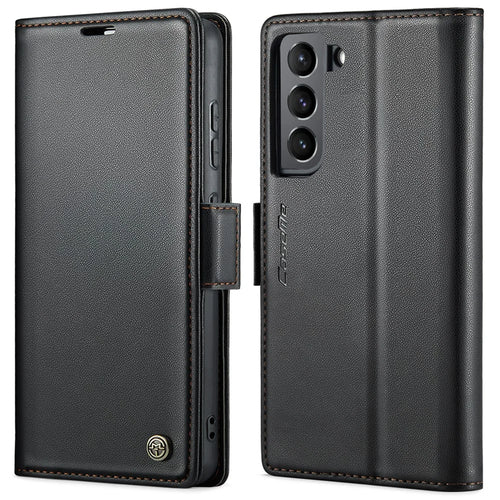 For Samsung Galaxy S22 5G Leather Case CASEME 023 RFID Blocking 3 Card Slot Mobile Cover - Black - 1