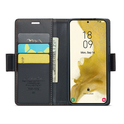 For Samsung Galaxy S22 5G Leather Case CASEME 023 RFID Blocking 3 Card Slot Mobile Cover - Black - 2