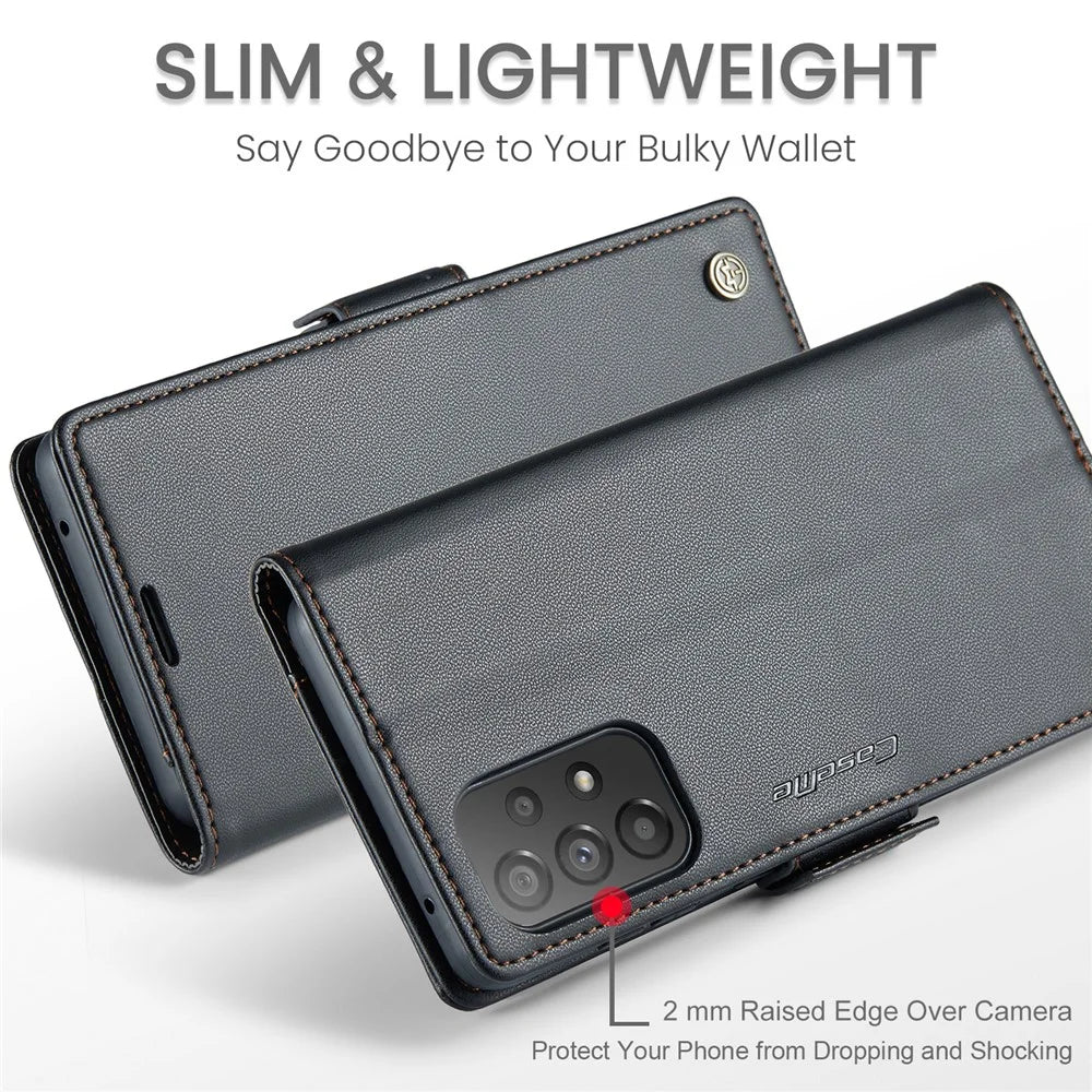 For Samsung Galaxy A73 5G Leather Case CASEME 023 RFID Blocking 3 Card Slot Mobile Cover - Black - 5