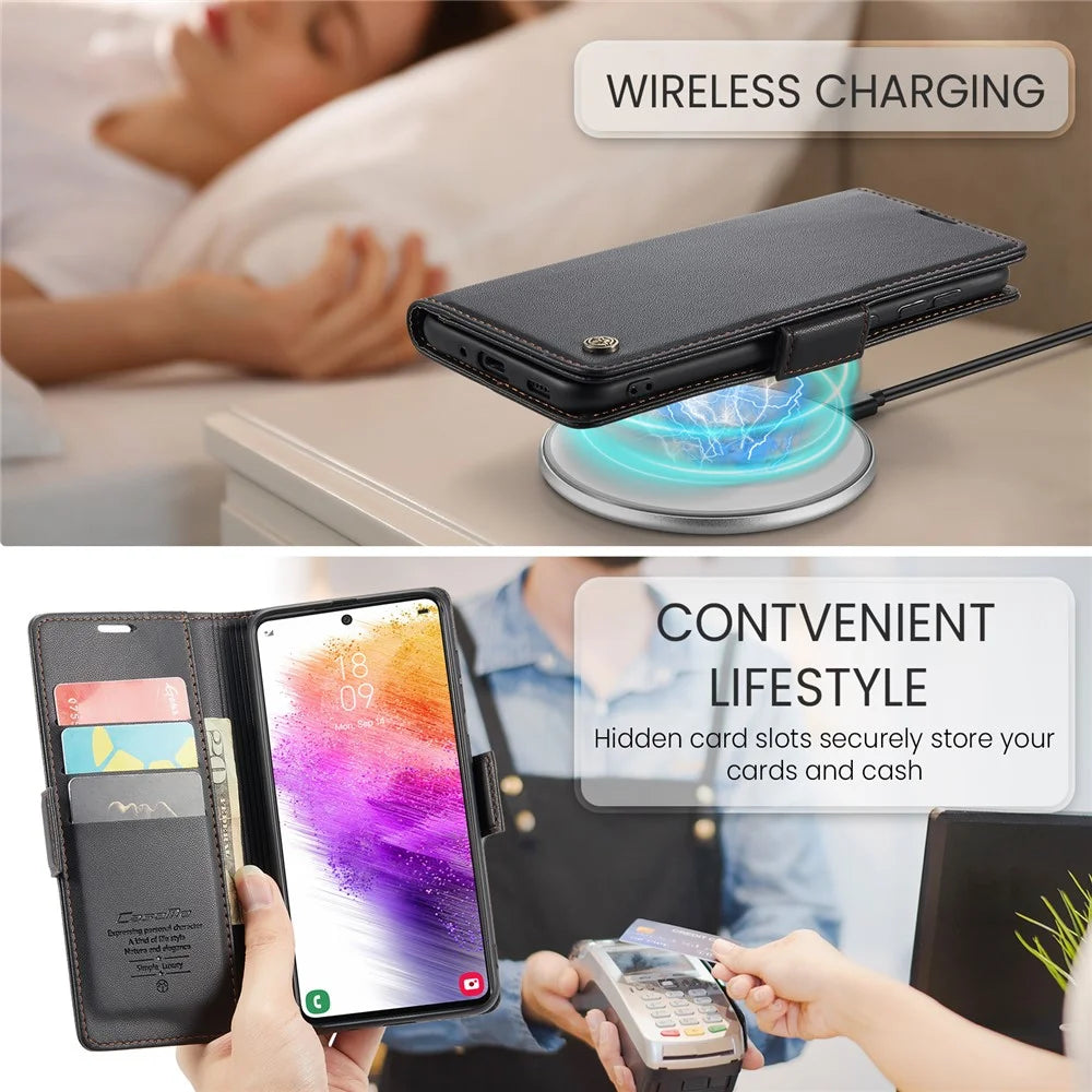 For Samsung Galaxy A73 5G Leather Case CASEME 023 RFID Blocking 3 Card Slot Mobile Cover - Black - 7
