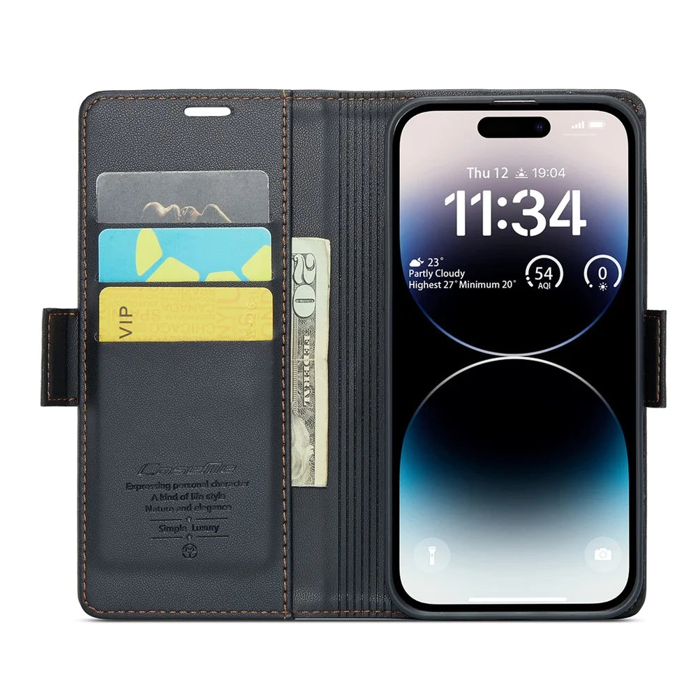 For iPhone 14 Pro Max Leather Case CASEME 023 RFID Blocking 3 Card Slot Mobile Cover - Black - 2