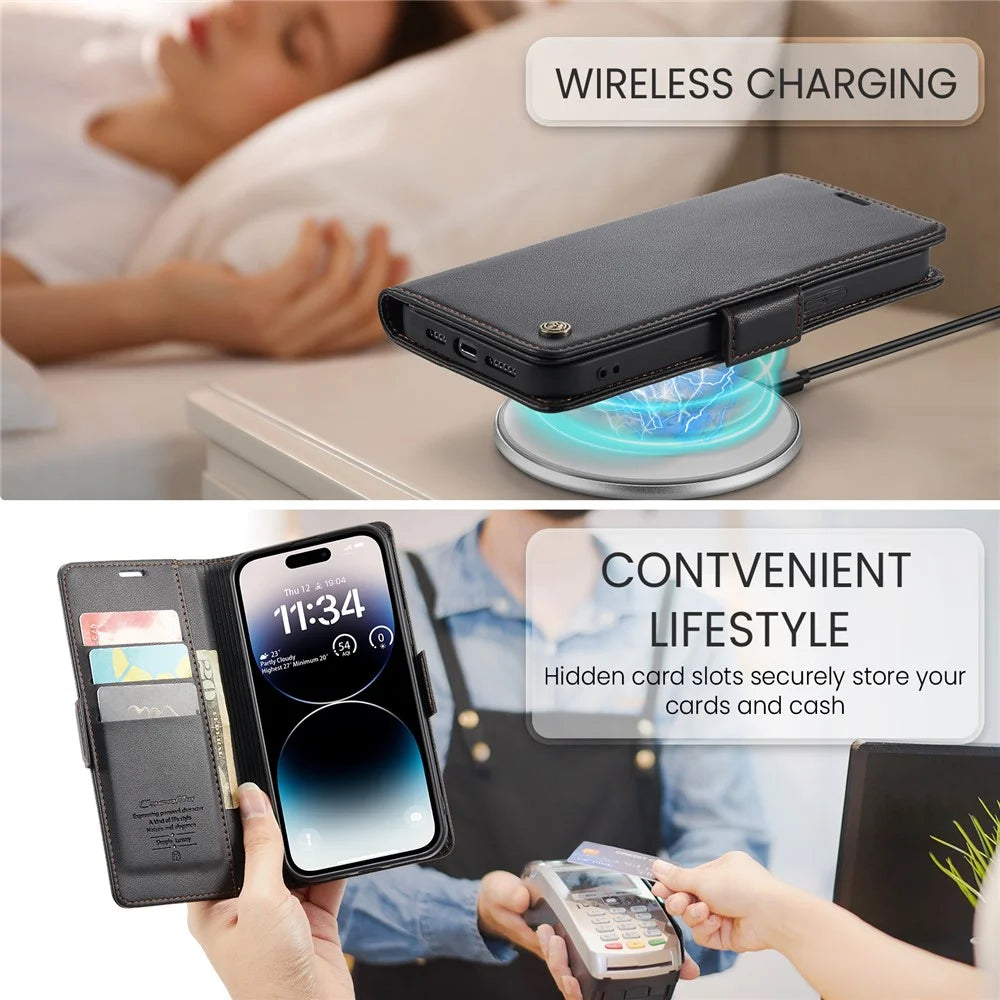 For iPhone 14 Pro Max Leather Case CASEME 023 RFID Blocking 3 Card Slot Mobile Cover - Black - 7