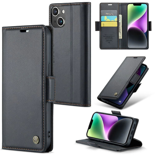 For iPhone 14 Leather Case CASEME 023 RFID Blocking 3 Card Slot Mobile Cover - Black - 1