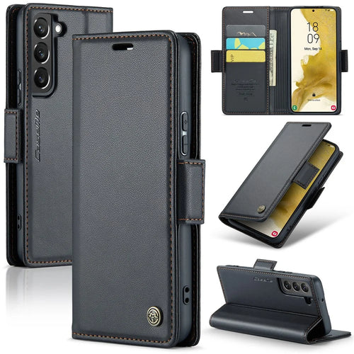 For Samsung Galaxy S22+ 5G Leather Case CASEME 023 RFID Blocking 3 Card Slot Mobile Cover - Black - 1