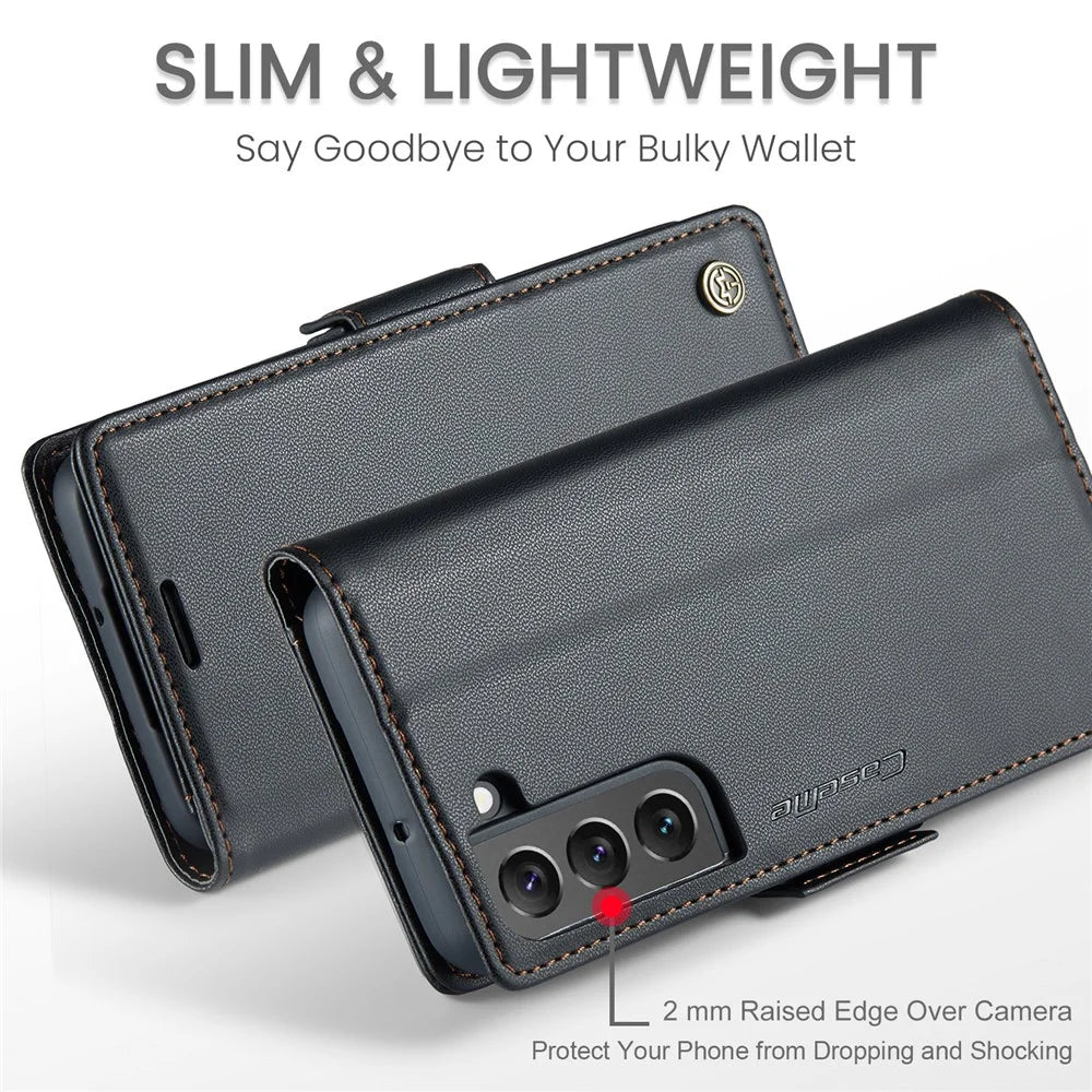 For Samsung Galaxy S22+ 5G Leather Case CASEME 023 RFID Blocking 3 Card Slot Mobile Cover - Black - 5
