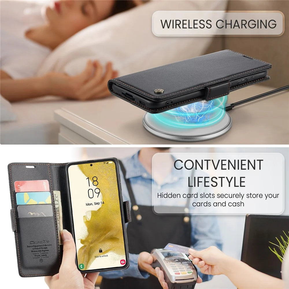 For Samsung Galaxy S22+ 5G Leather Case CASEME 023 RFID Blocking 3 Card Slot Mobile Cover - Black - 7