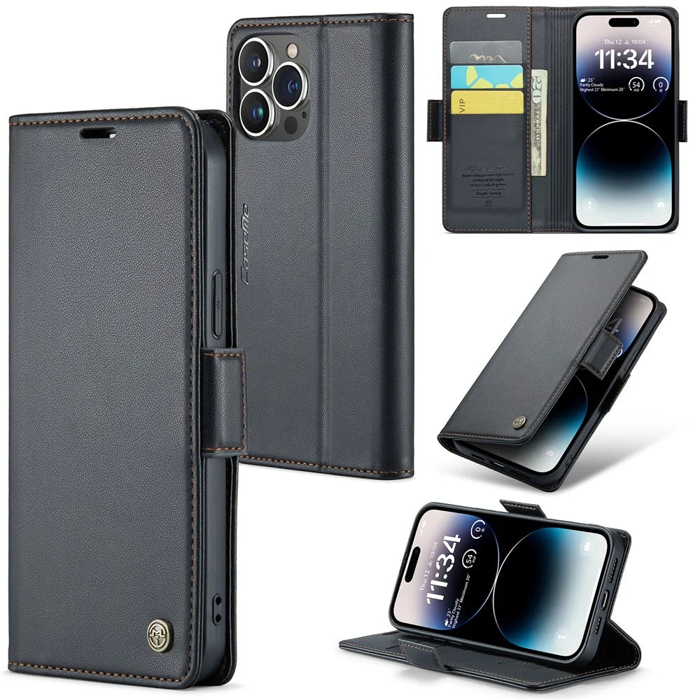 For iPhone 14 Pro Leather Case CASEME 023 RFID Blocking 3 Card Slot Mobile Cover - Black - 1