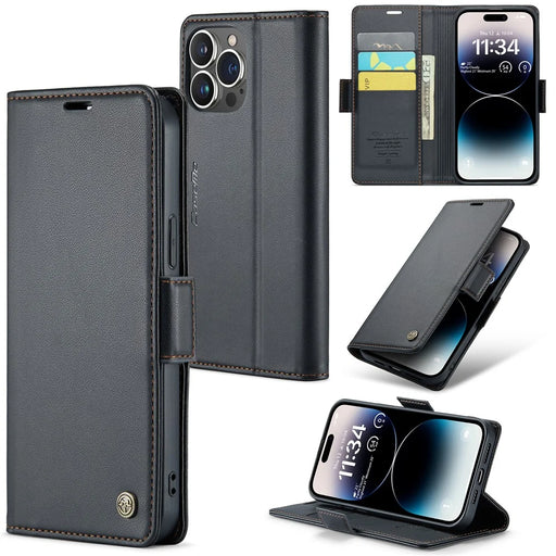 For iPhone 14 Pro Leather Case CASEME 023 RFID Blocking 3 Card Slot Mobile Cover - Black - 1