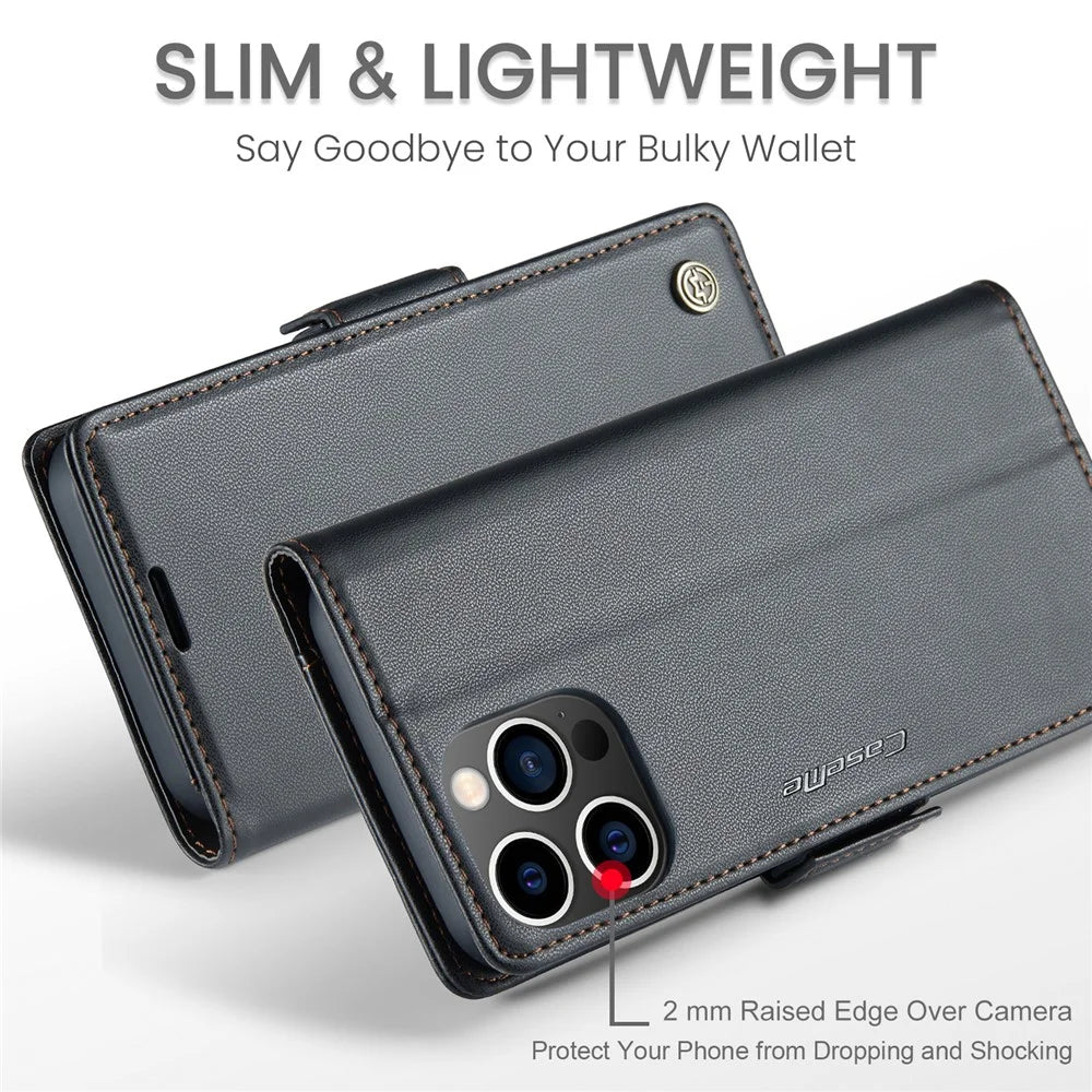 For iPhone 14 Pro Leather Case CASEME 023 RFID Blocking 3 Card Slot Mobile Cover - Black - 5