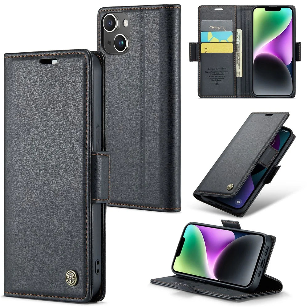 For iPhone 14 Plus Leather Case CASEME 023 RFID Blocking 3 Card Slot Mobile Cover - Black - 1