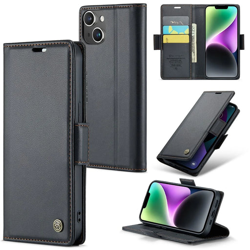 For iPhone 14 Plus Leather Case CASEME 023 RFID Blocking 3 Card Slot Mobile Cover - Black - 1