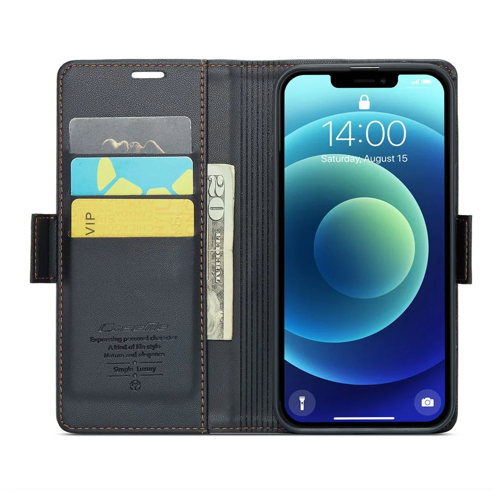For iPhone 12 / 12 Pro Leather Case CASEME 023 RFID Blocking 3 Card Slot Mobile Cover - Black - 2