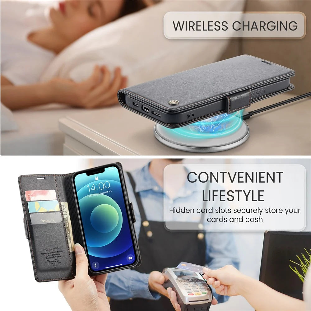 For iPhone 12 / 12 Pro Leather Case CASEME 023 RFID Blocking 3 Card Slot Mobile Cover - Black - 7