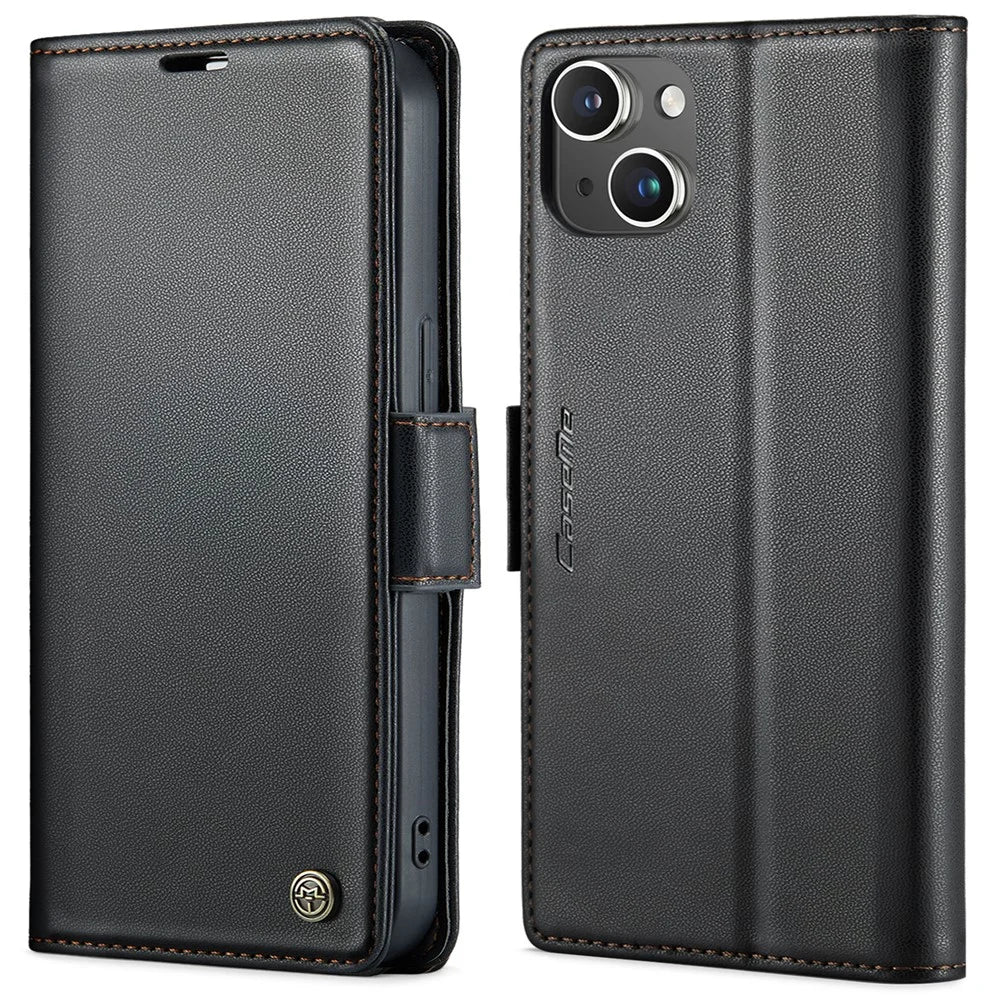 For iPhone 13 Leather Case CASEME 023 RFID Blocking 3 Card Slot Mobile Cover - Black - 1