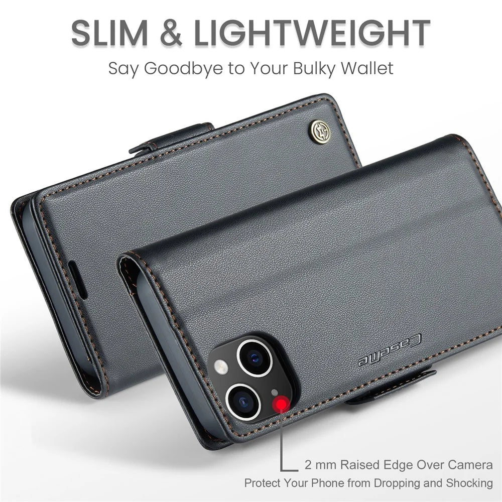 For iPhone 13 Leather Case CASEME 023 RFID Blocking 3 Card Slot Mobile Cover - Black - 5