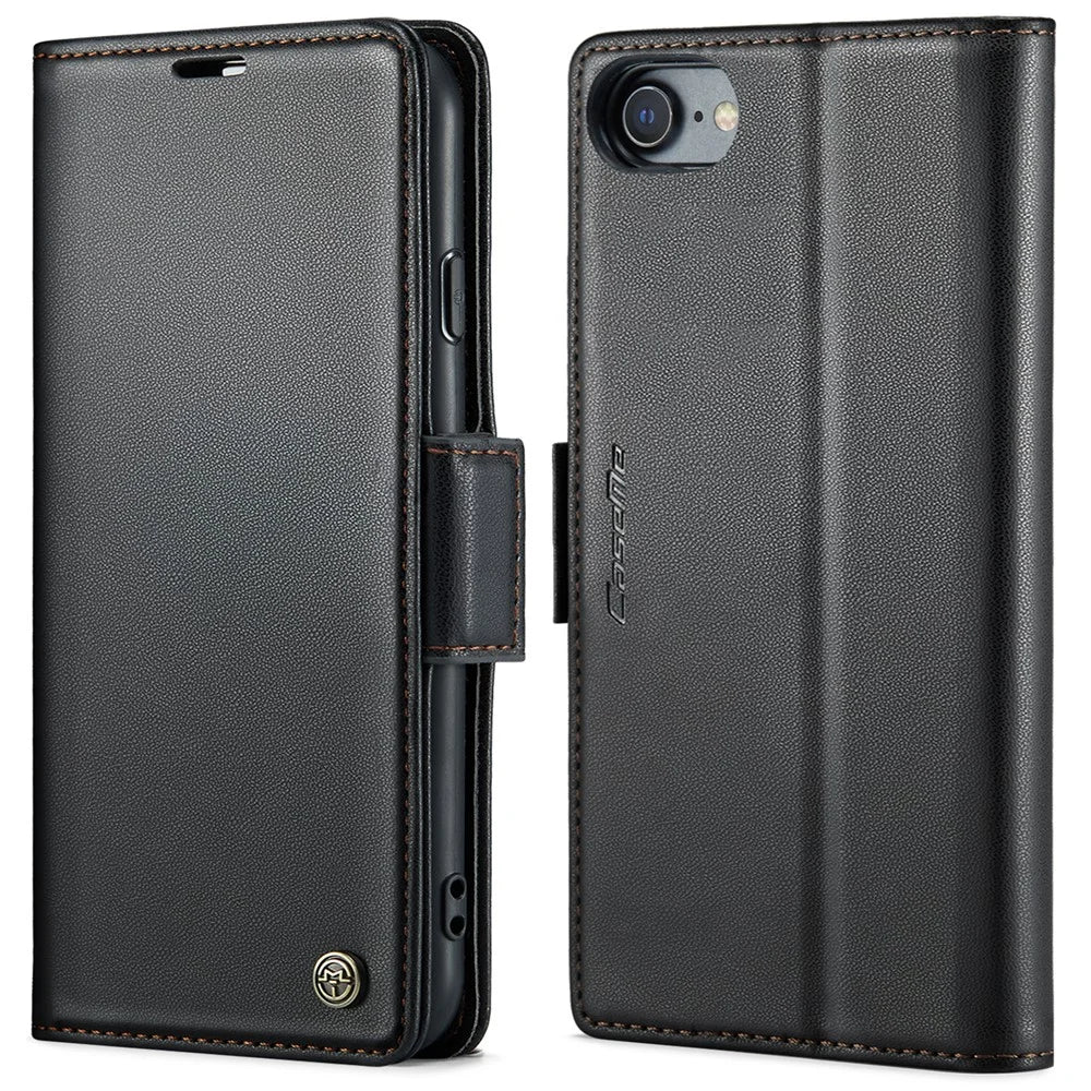 CASEME 023 Series For iPhone 6 / 6s / 7 / 8 / SE (2022) / (2020) Litchi Texture Leather Wallet Stand Case RFID Blocking Anti-drop Cover - Black - 1