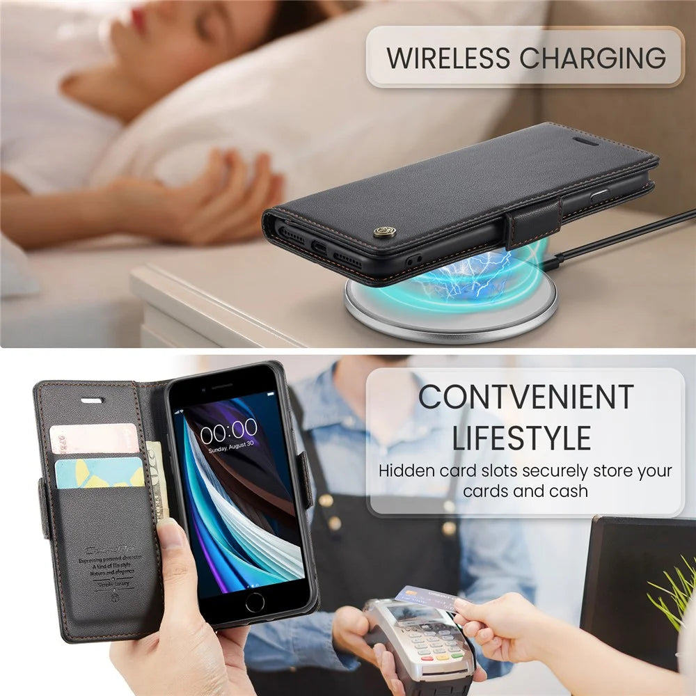 CASEME 023 Series For iPhone 6 / 6s / 7 / 8 / SE (2022) / (2020) Litchi Texture Leather Wallet Stand Case RFID Blocking Anti-drop Cover - Black - 7