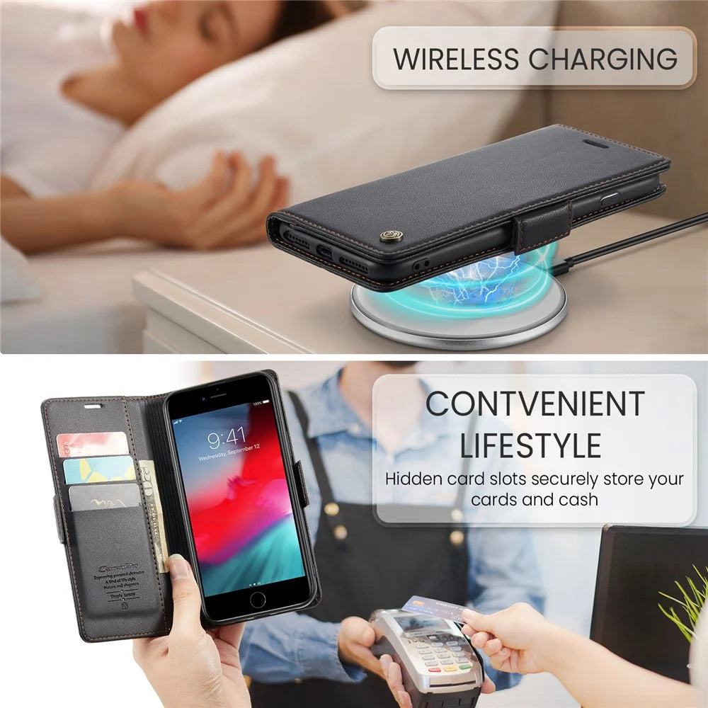 For iPhone 6 Plus / 6s Plus / 7 Plus / 8 Plus Leather Case CASEME 023 RFID Blocking 3 Card Slot Mobile Cover - Black - 7