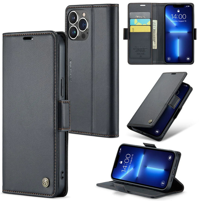 For iPhone 13 Pro Leather Case CASEME 023 RFID Blocking 3 Card Slot Mobile Cover - Black - 1