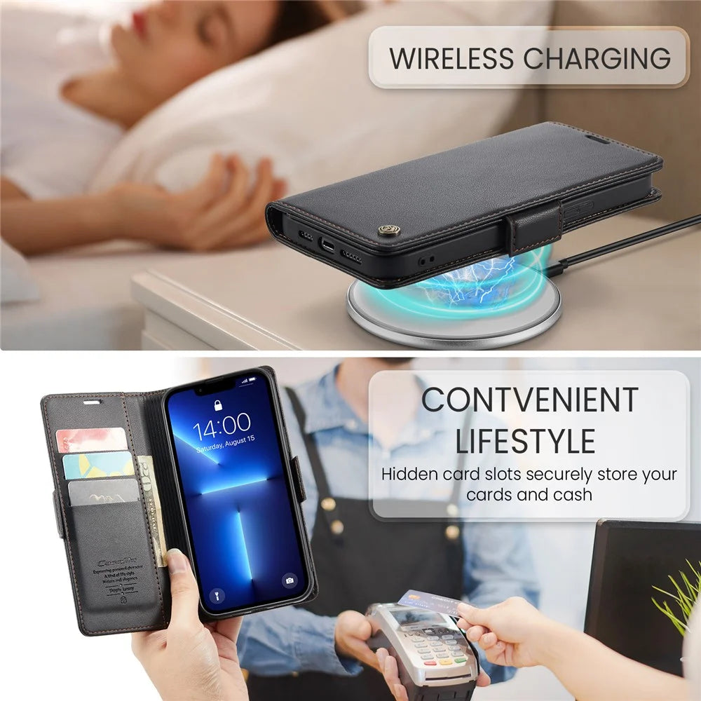 For iPhone 13 Pro Leather Case CASEME 023 RFID Blocking 3 Card Slot Mobile Cover - Black - 7