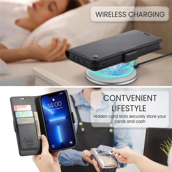 For iPhone 13 Pro Leather Case CASEME 023 RFID Blocking 3 Card Slot Mobile Cover - Black - 7