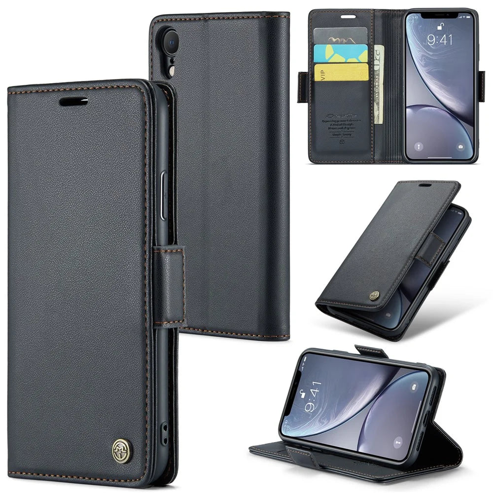 For iPhone XR Leather Case CASEME 023 RFID Blocking 3 Card Slot Mobile Cover - Black - 1