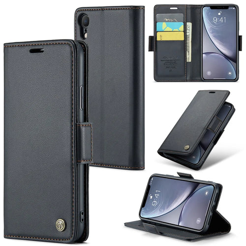 For iPhone XR Leather Case CASEME 023 RFID Blocking 3 Card Slot Mobile Cover - Black - 1