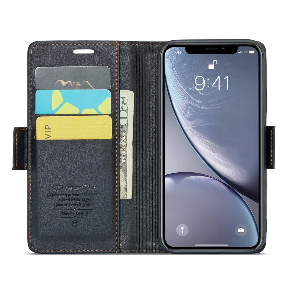For iPhone XR Leather Case CASEME 023 RFID Blocking 3 Card Slot Mobile Cover - Black - 2