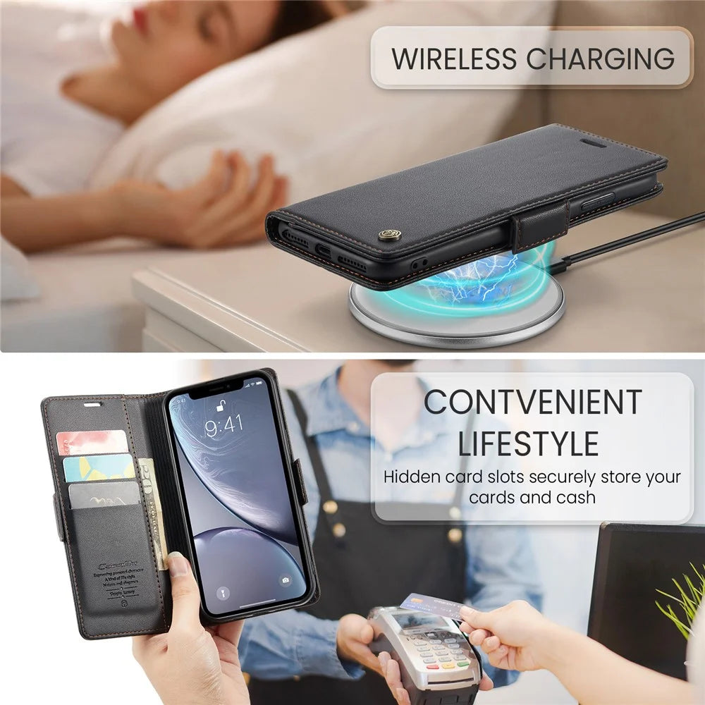 For iPhone XR Leather Case CASEME 023 RFID Blocking 3 Card Slot Mobile Cover - Black - 7