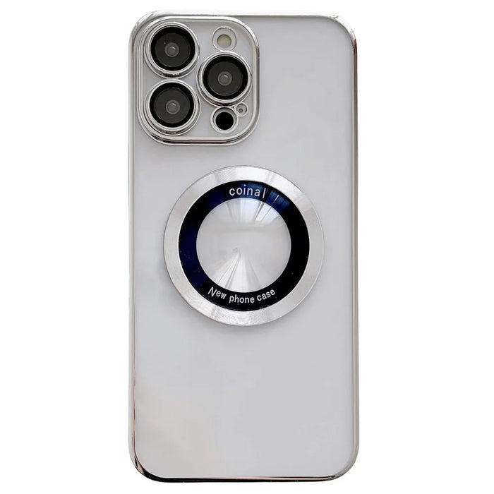 For iPhone 14 Pro Max Hard PC Phone Cover Electroplating Magnetic Charging Phone Case with Raised Bezel - Silver - 1