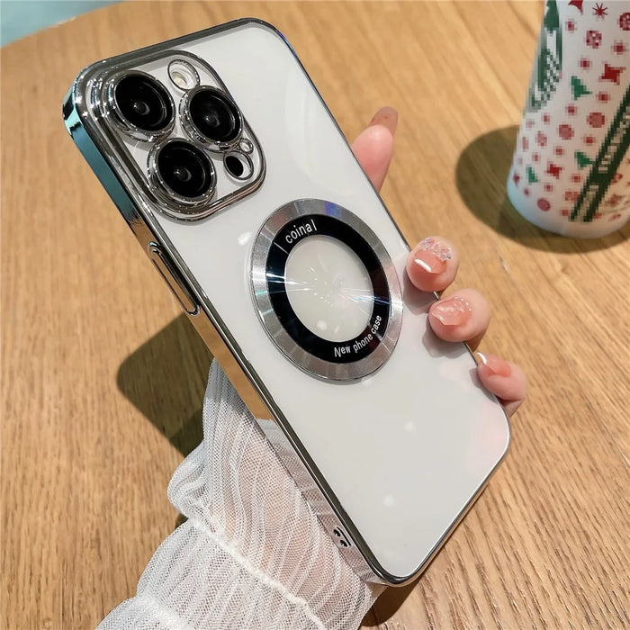For iPhone 14 Pro Max Hard PC Phone Cover Electroplating Magnetic Charging Phone Case with Raised Bezel - Silver - 2