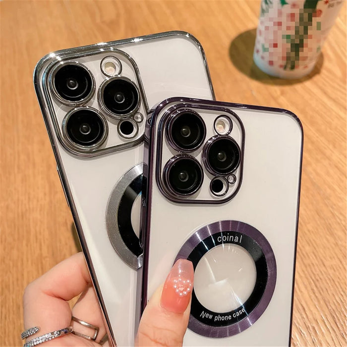 For iPhone 14 Pro Max Hard PC Phone Cover Electroplating Magnetic Charging Phone Case with Raised Bezel - Silver - 3