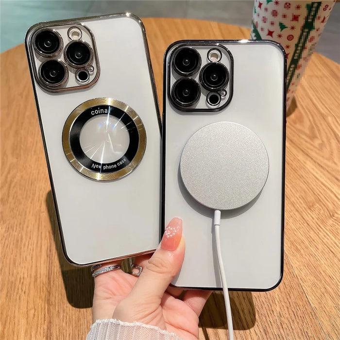 For iPhone 14 Pro Max Hard PC Phone Cover Electroplating Magnetic Charging Phone Case with Raised Bezel - Silver - 4