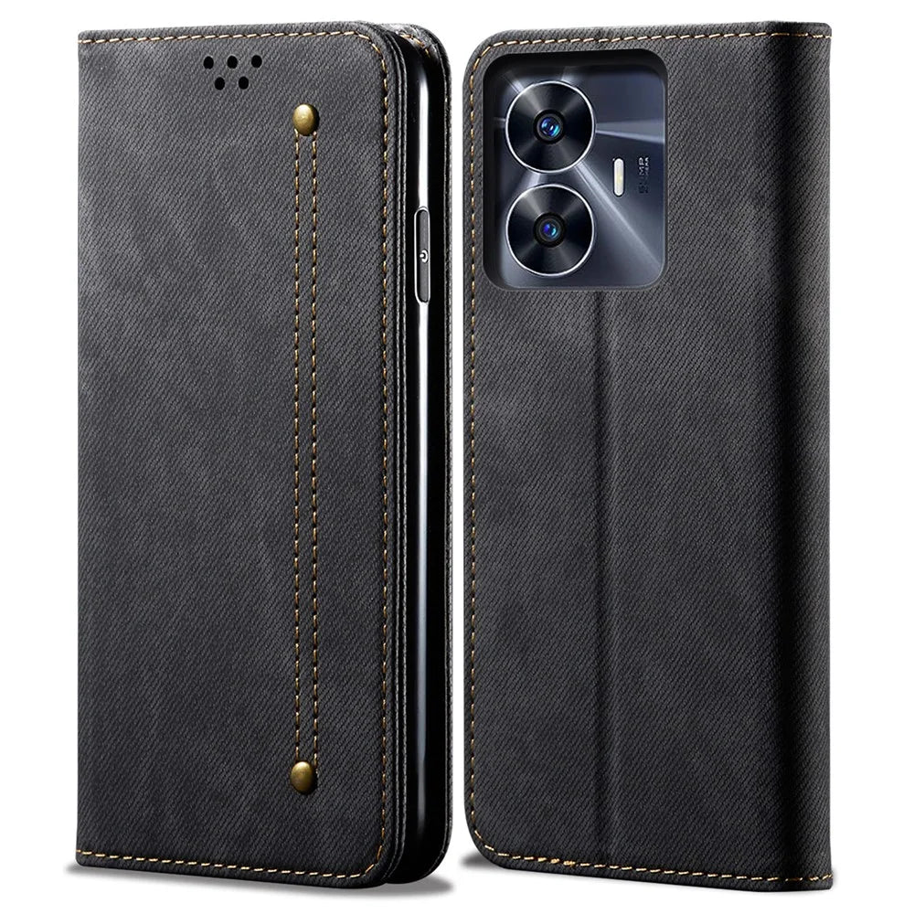 For Realme C55 4G PU Leather Case Stand Wallet Jeans Cloth Texture Cell Phone Cover - Black - 1