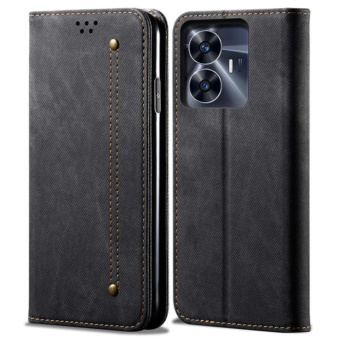 For Realme C55 4G PU Leather Case Stand Wallet Jeans Cloth Texture Cell Phone Cover - Black - 1