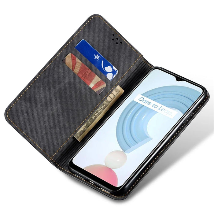 For Realme C55 4G PU Leather Case Stand Wallet Jeans Cloth Texture Cell Phone Cover - Black - 2