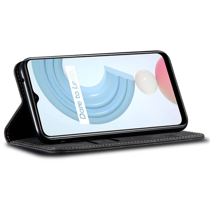 For Realme C55 4G PU Leather Case Stand Wallet Jeans Cloth Texture Cell Phone Cover - Black - 3