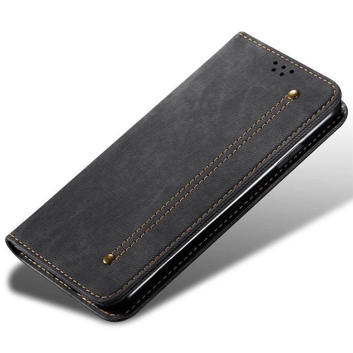 For Realme C55 4G PU Leather Case Stand Wallet Jeans Cloth Texture Cell Phone Cover - Black - 4