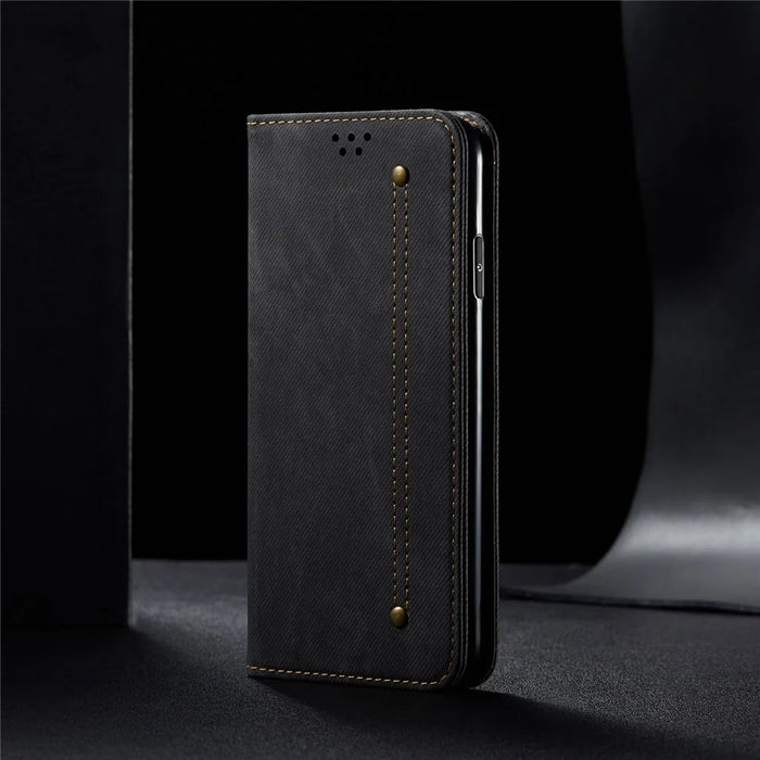 For Realme C55 4G PU Leather Case Stand Wallet Jeans Cloth Texture Cell Phone Cover - Black - 5