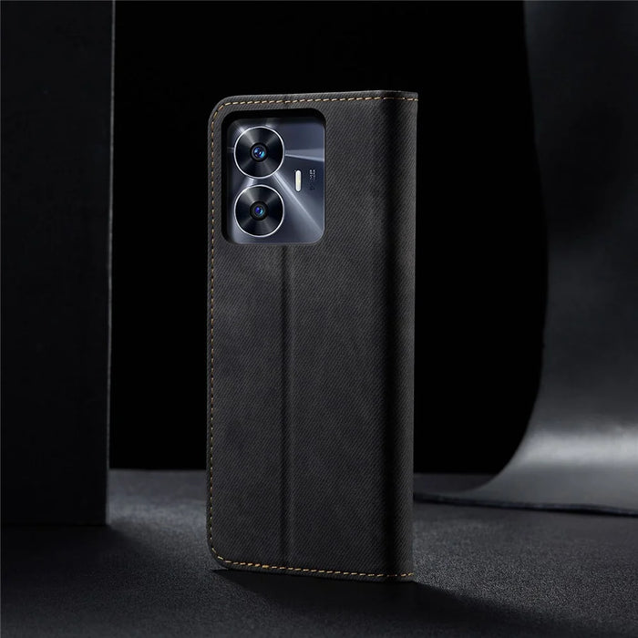 For Realme C55 4G PU Leather Case Stand Wallet Jeans Cloth Texture Cell Phone Cover - Black - 6