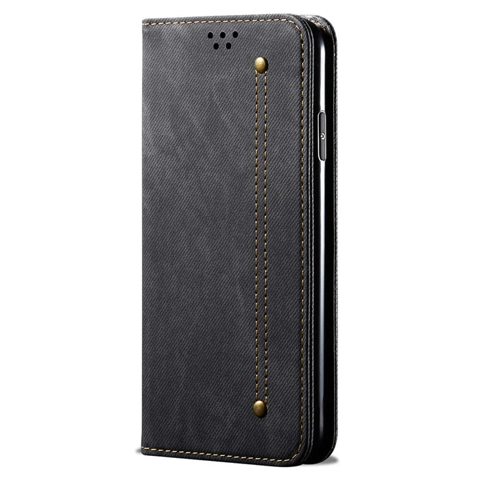 For Realme C55 4G PU Leather Case Stand Wallet Jeans Cloth Texture Cell Phone Cover - Black - 7