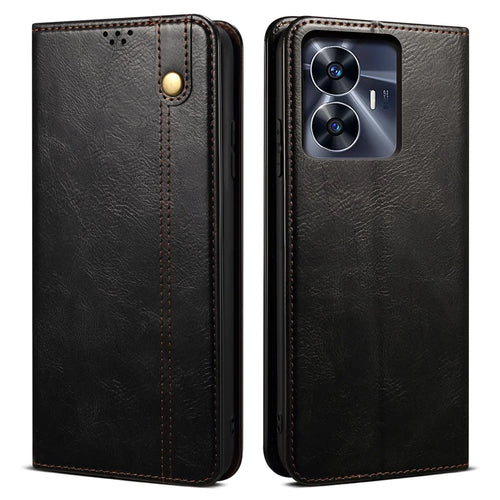 Leather Phone Cover for Realme C55 4G , Waxy Crazy Horse Texture Phone Case with Stand Wallet - Black - 1