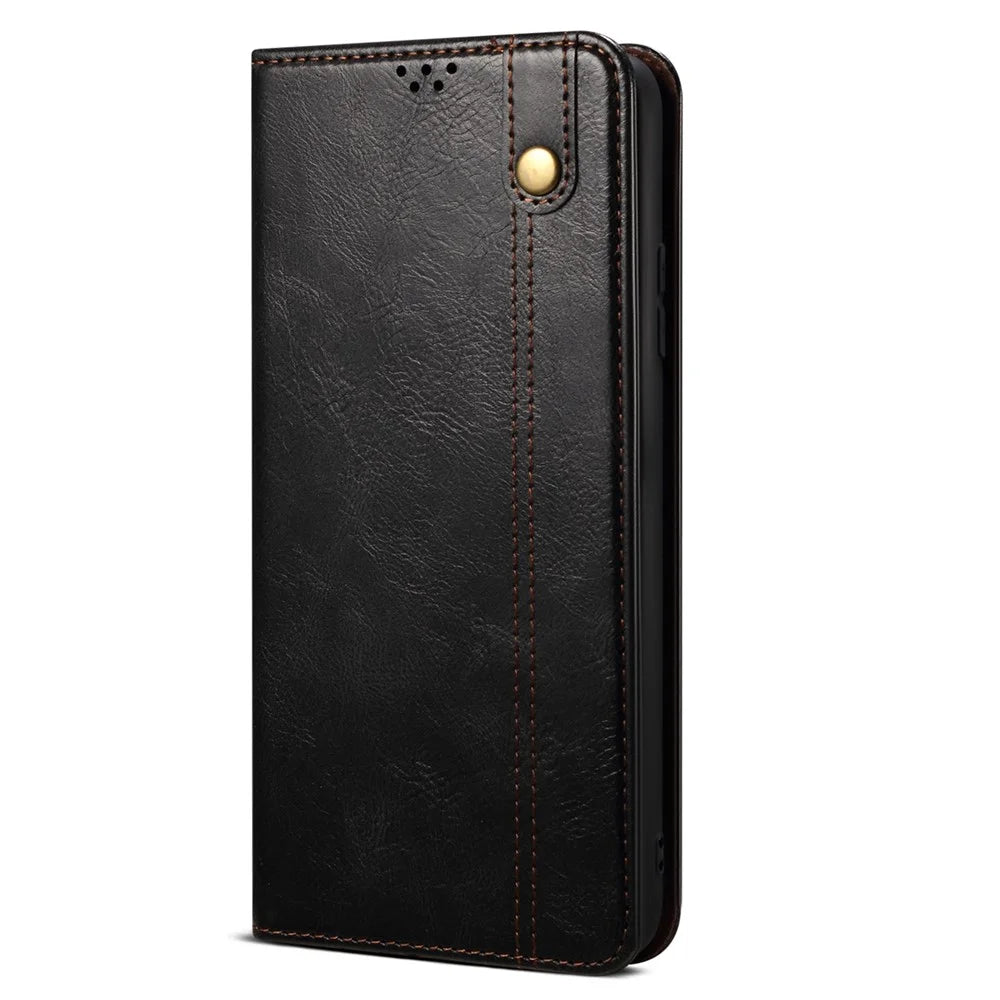 Leather Phone Cover for Realme C55 4G , Waxy Crazy Horse Texture Phone Case with Stand Wallet - Black - 7