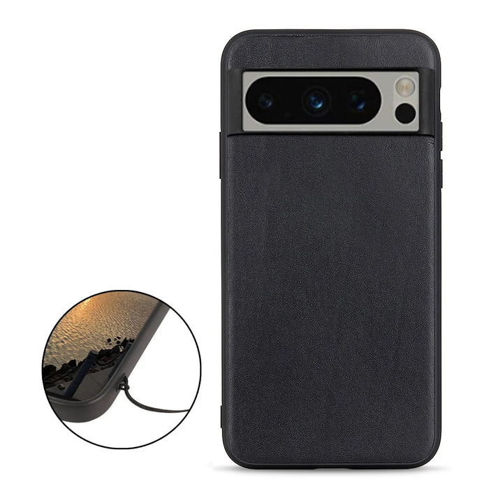 Phone Case for Google Pixel 8 Pro Textured Genuine Cowhide Leather Coated TPU Phone Cover - Black - 2