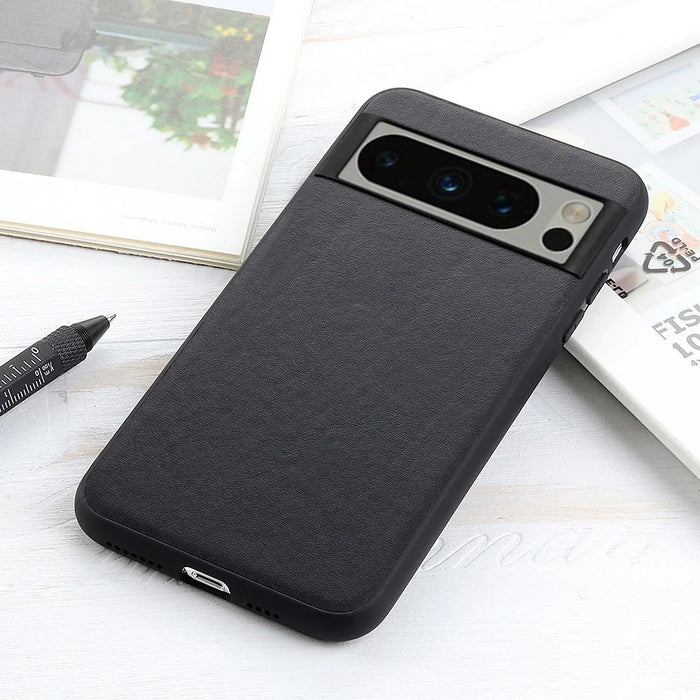 Phone Case for Google Pixel 8 Pro Textured Genuine Cowhide Leather Coated TPU Phone Cover - Black - 3